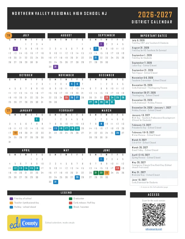 NORTHERN VALLEY REGIONAL HIGH SCHOOL printable 2026-27 calendar