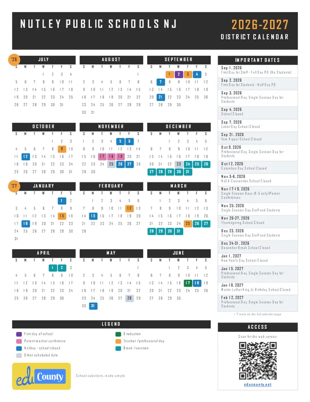 Nutley Public Schools printable 2026-27 calendar