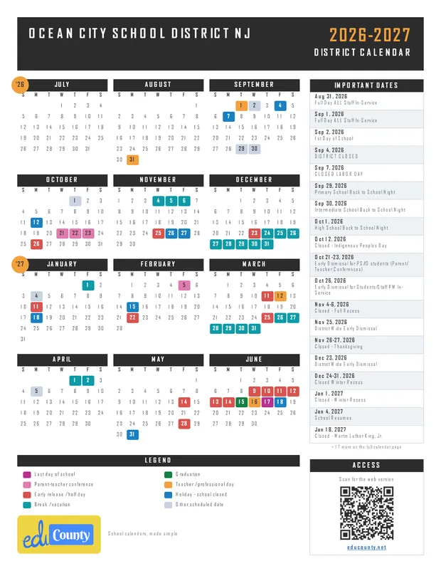 Ocean City School District printable 2026-27 calendar