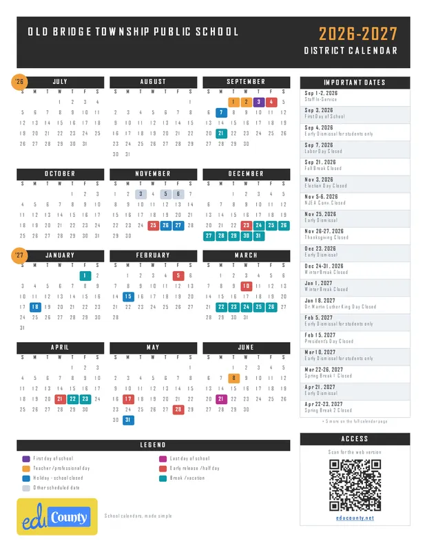 OLD BRIDGE TOWNSHIP PUBLIC SCHOOL printable 2026-27 calendar