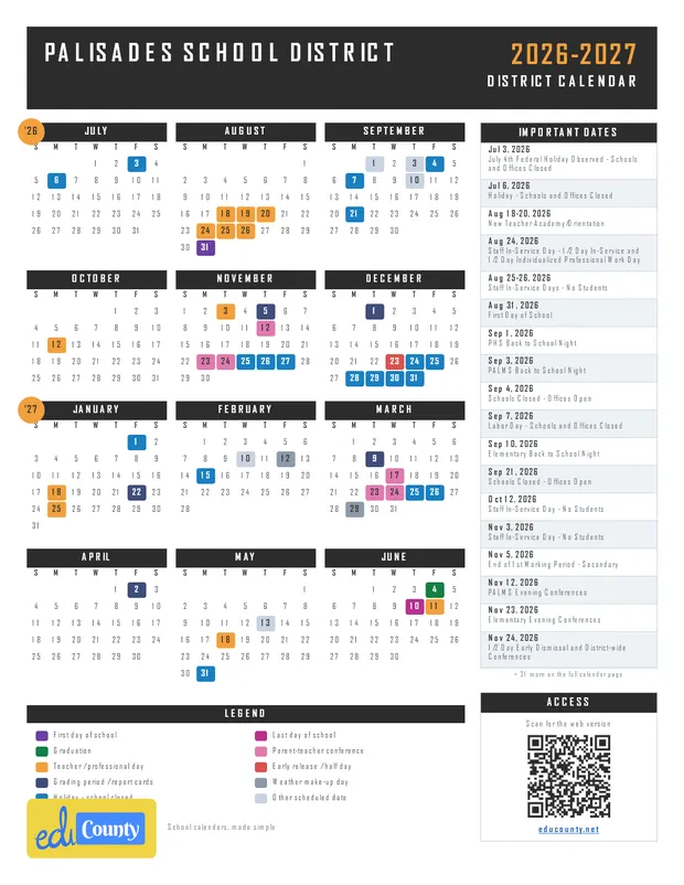 Palisades School District printable 2026-27 calendar