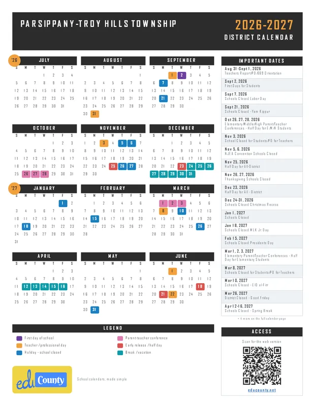 Parsippany-Troy Hills Township printable 2026-27 calendar