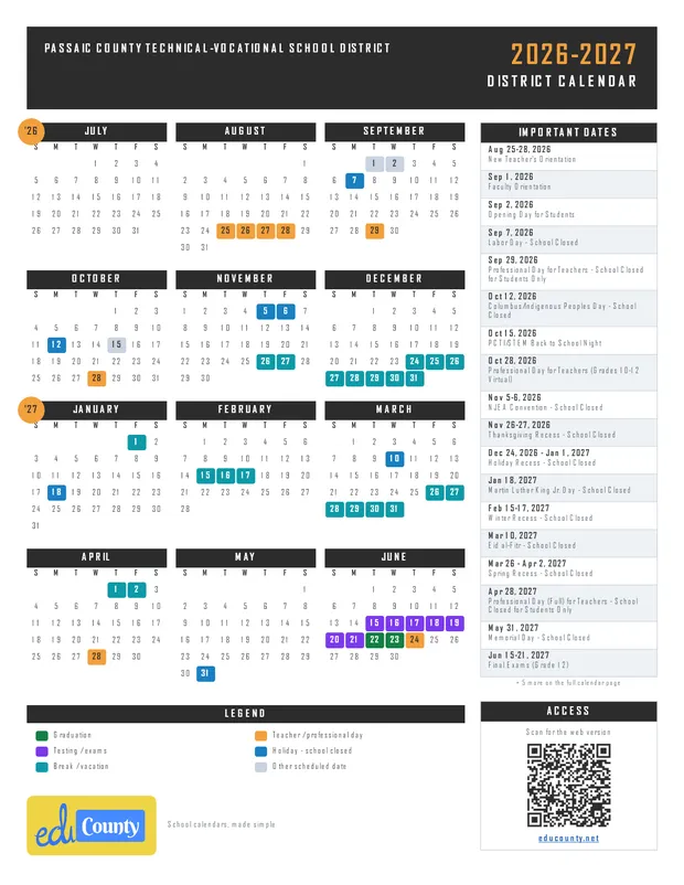 Passaic County Technical-Vocational School District printable 2026-27 calendar