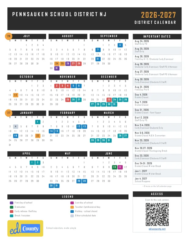 Pennsauken School District printable 2026-27 calendar