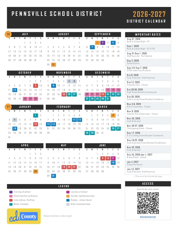 Pennsville School District printable 2026-27 calendar