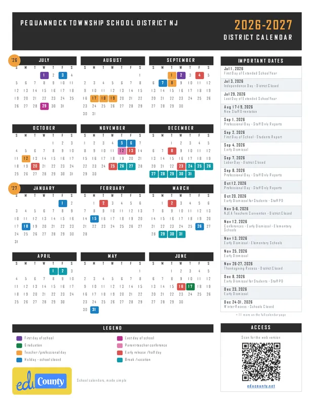 Pequannock Township School District printable 2026-27 calendar
