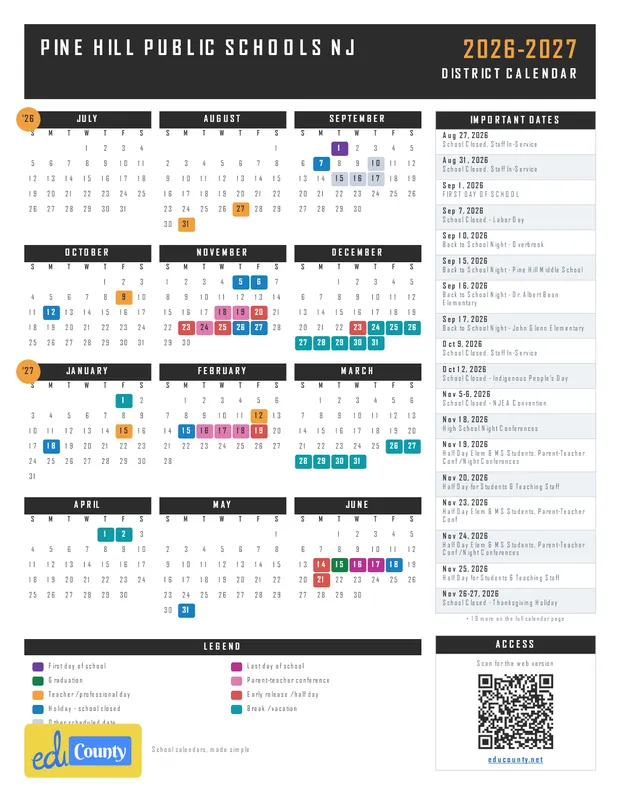PINE HILL PUBLIC SCHOOLS printable 2026-27 calendar