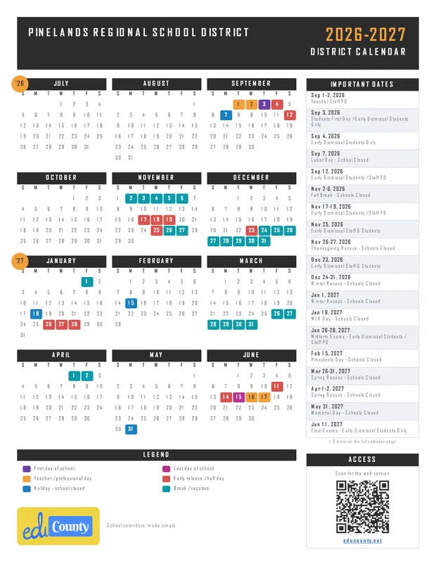 PINELANDS REGIONAL SCHOOL DISTRICT printable 2026-27 calendar