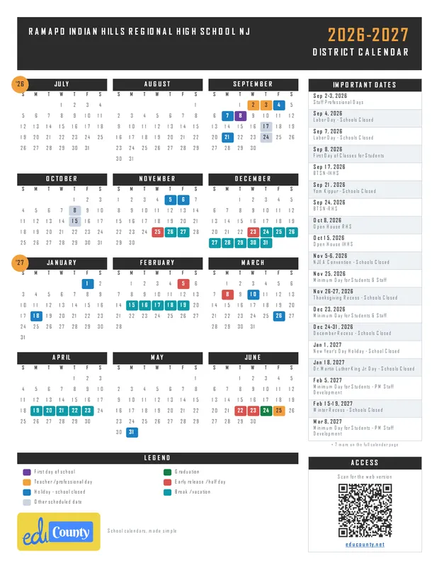 Ramapo Indian Hills Regional High School printable 2026-27 calendar