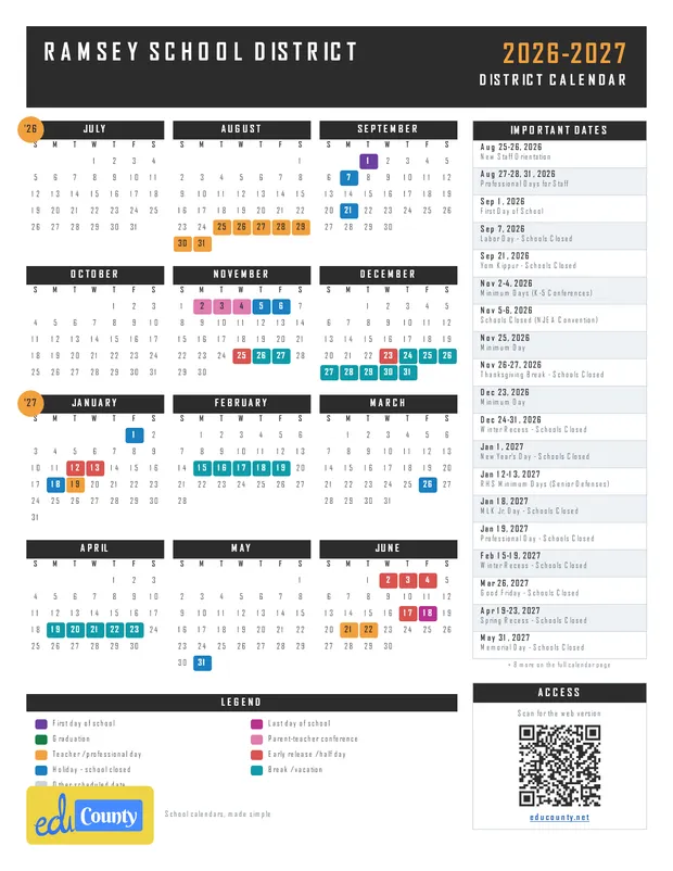 Ramsey School District printable 2026-27 calendar