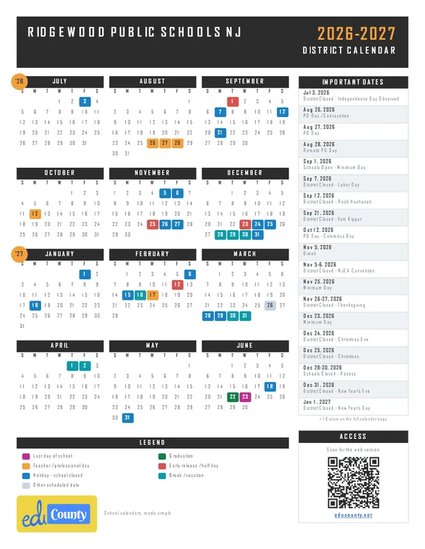 Ridgewood Public Schools printable 2026-27 calendar