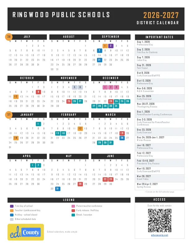 Ringwood Public Schools printable 2026-27 calendar