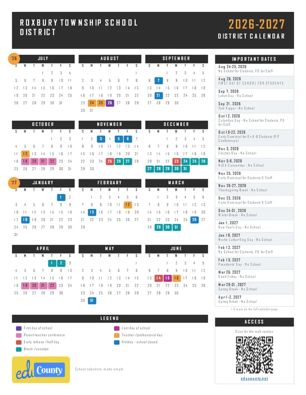 Roxbury Township School District printable 2026-27 calendar