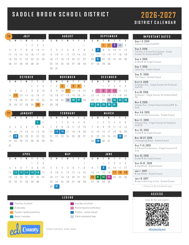 Saddle Brook School District printable 2026-27 calendar