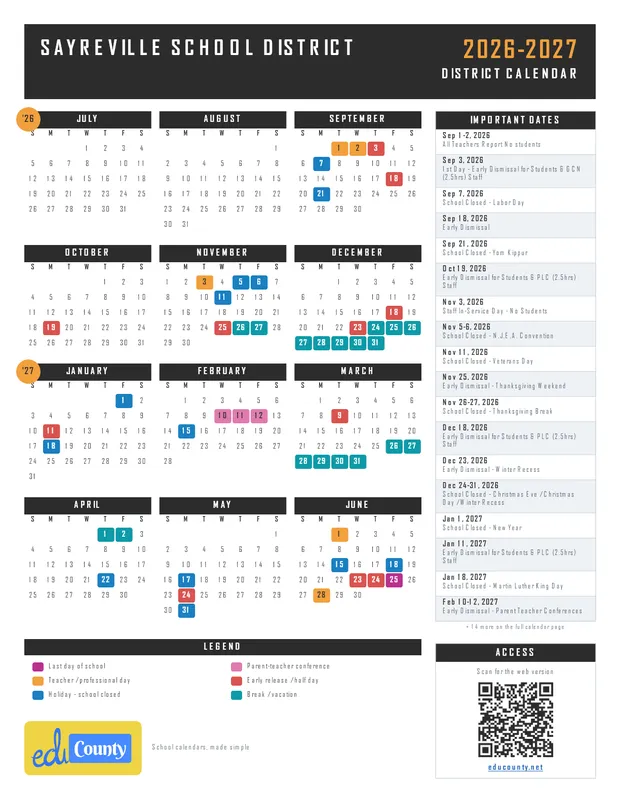 SAYREVILLE SCHOOL DISTRICT printable 2026-27 calendar