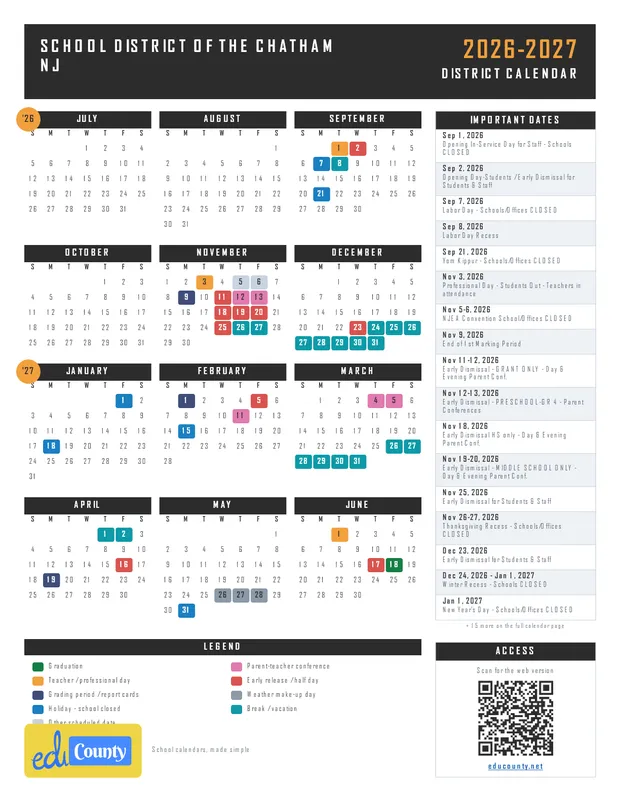 School District of the Chatham printable 2026-27 calendar