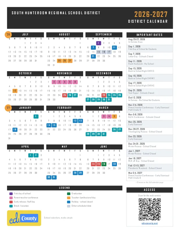 South Hunterdon Regional School District printable 2026-27 calendar