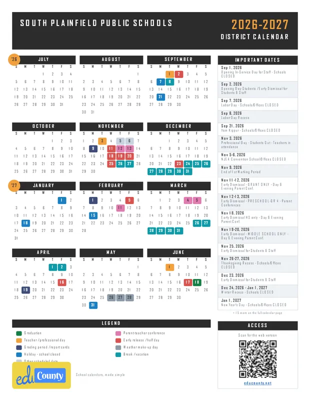 South Plainfield Public Schools printable 2026-27 calendar