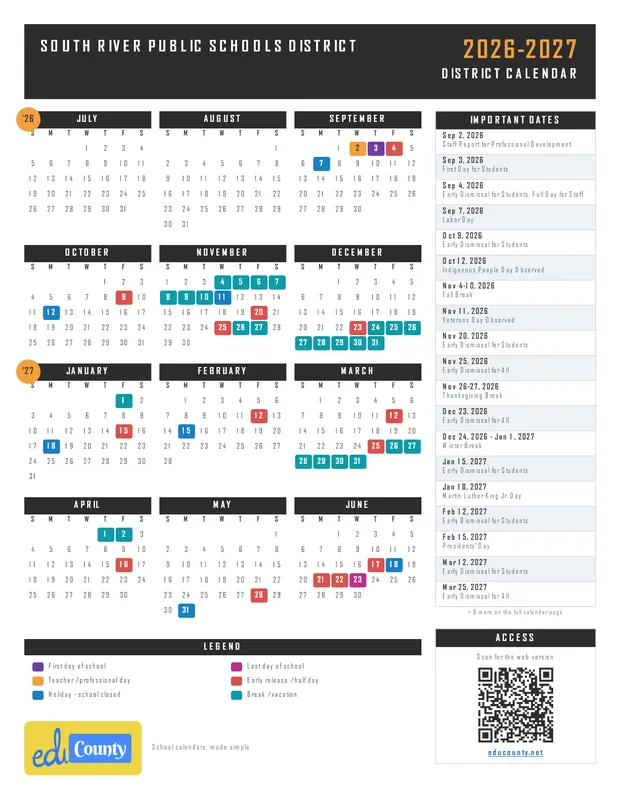 South River Public Schools District printable 2026-27 calendar