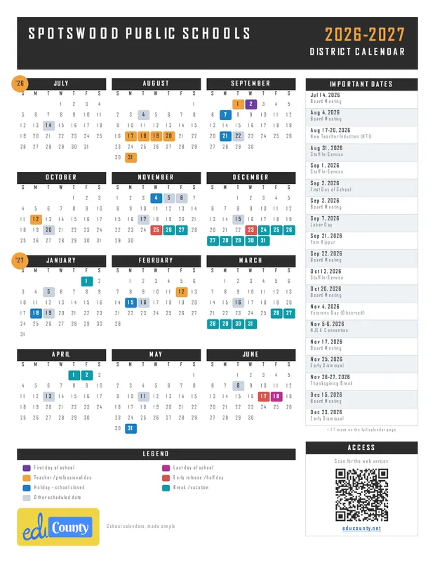 Spotswood Public Schools printable 2026-27 calendar
