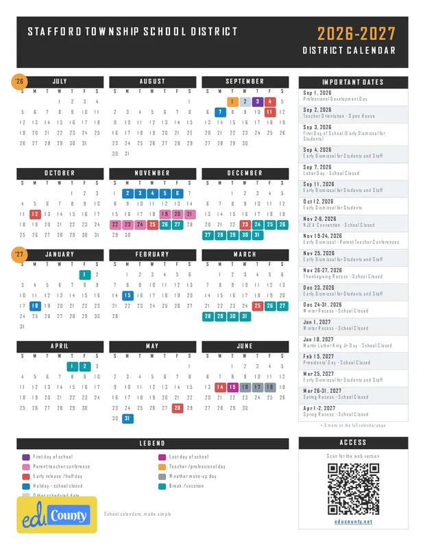 Stafford Township School District printable 2026-27 calendar