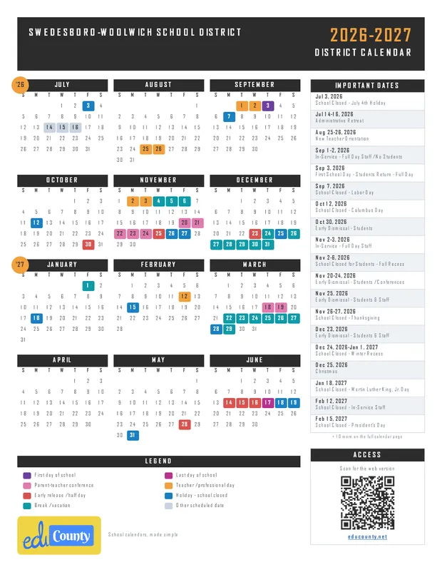 SWEDESBORO-WOOLWICH SCHOOL DISTRICT printable 2026-27 calendar