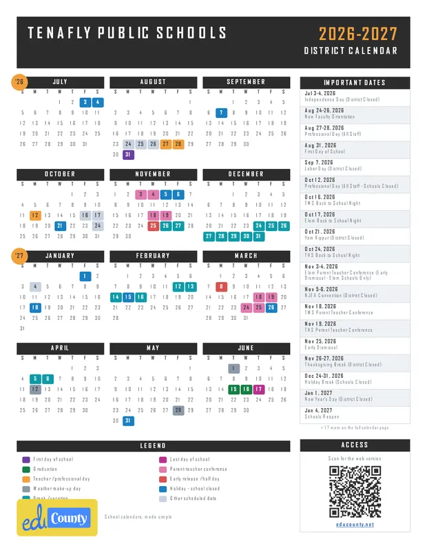 Tenafly Public Schools printable 2026-27 calendar