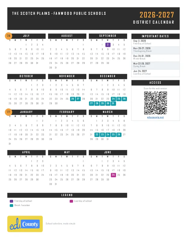 The Scotch Plains - Fanwood Public Schools printable 2026-27 calendar