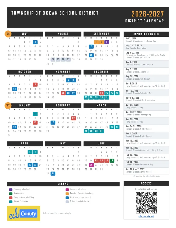 Township of Ocean School District printable 2026-27 calendar