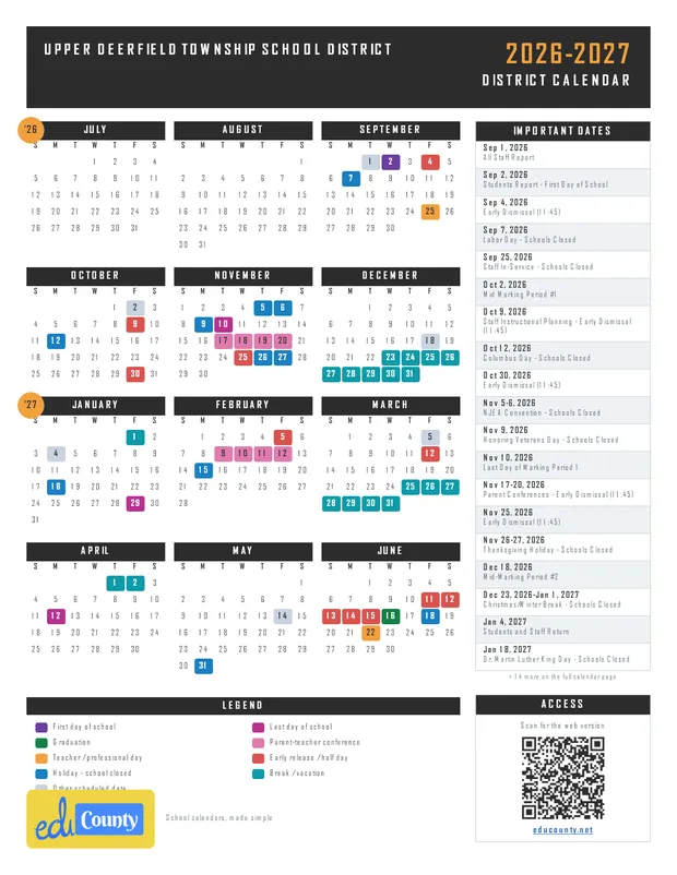 Upper Deerfield Township School District printable 2026-27 calendar