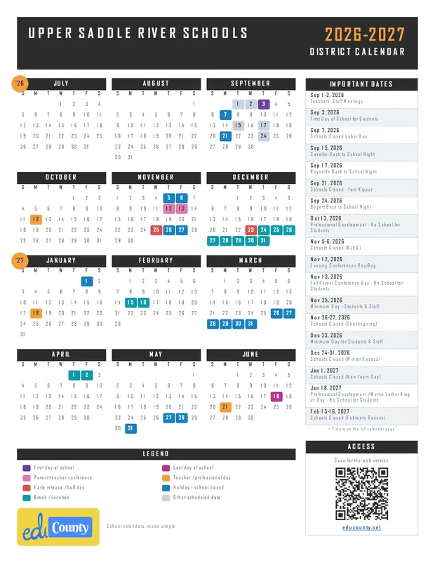 UPPER SADDLE RIVER SCHOOLS printable 2026-27 calendar