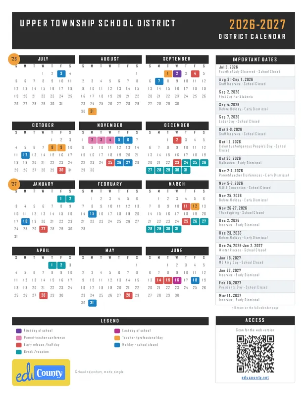 Upper Township School District printable 2026-27 calendar
