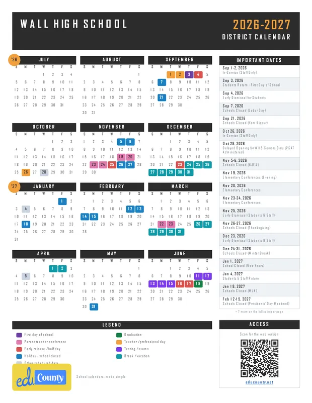 Wall High School printable 2026-27 calendar