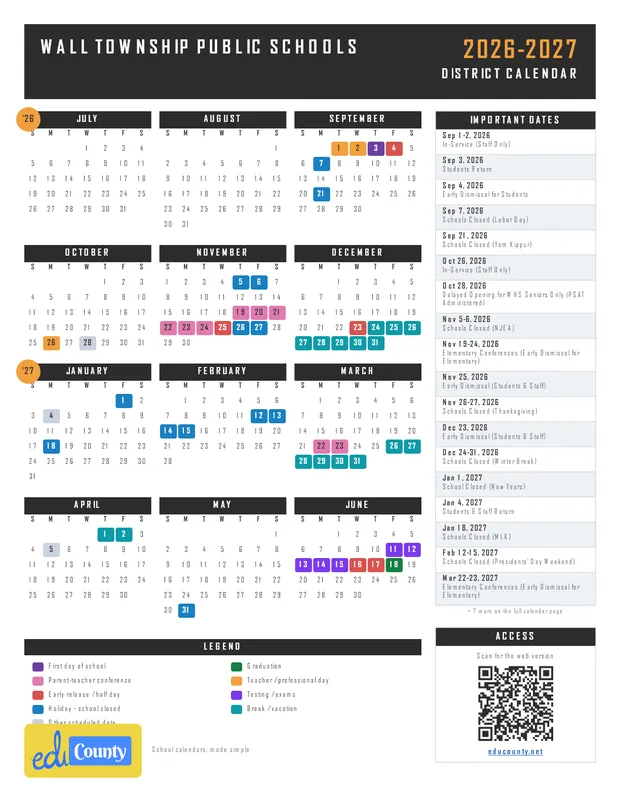 Wall Township Public Schools printable 2026-27 calendar