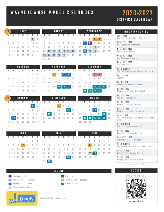 Wayne Township Public Schools printable 2026-27 calendar