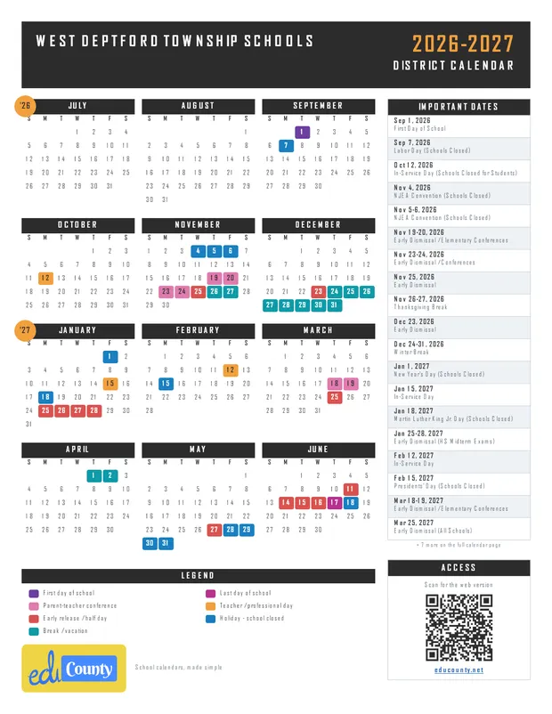 West Deptford Township Schools printable 2026-27 calendar
