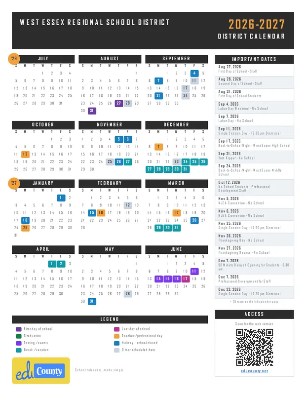 West Essex Regional School District printable 2026-27 calendar