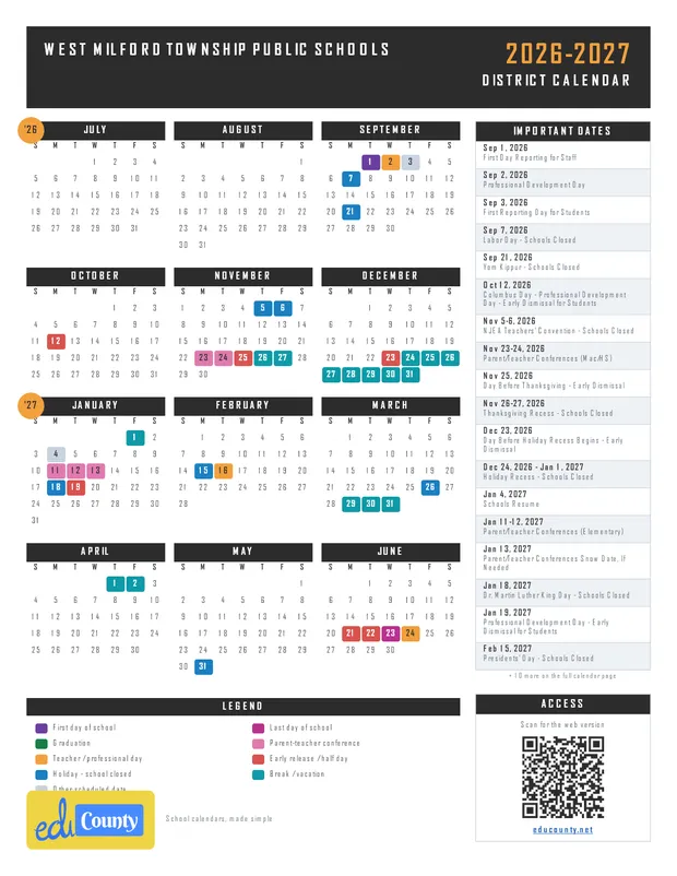 West Milford Township Public Schools printable 2026-27 calendar