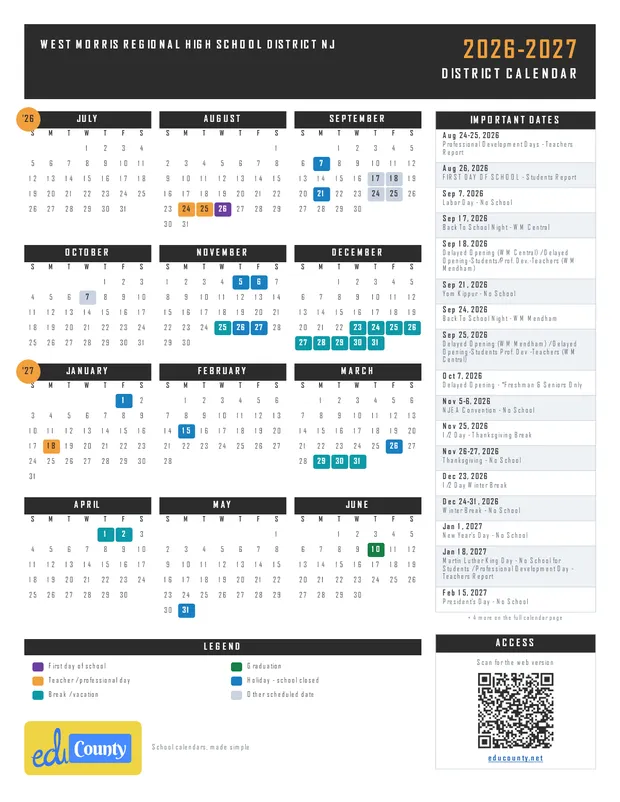 West Morris Regional High School District printable 2026-27 calendar