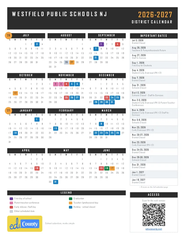 Westfield Public Schools printable 2026-27 calendar