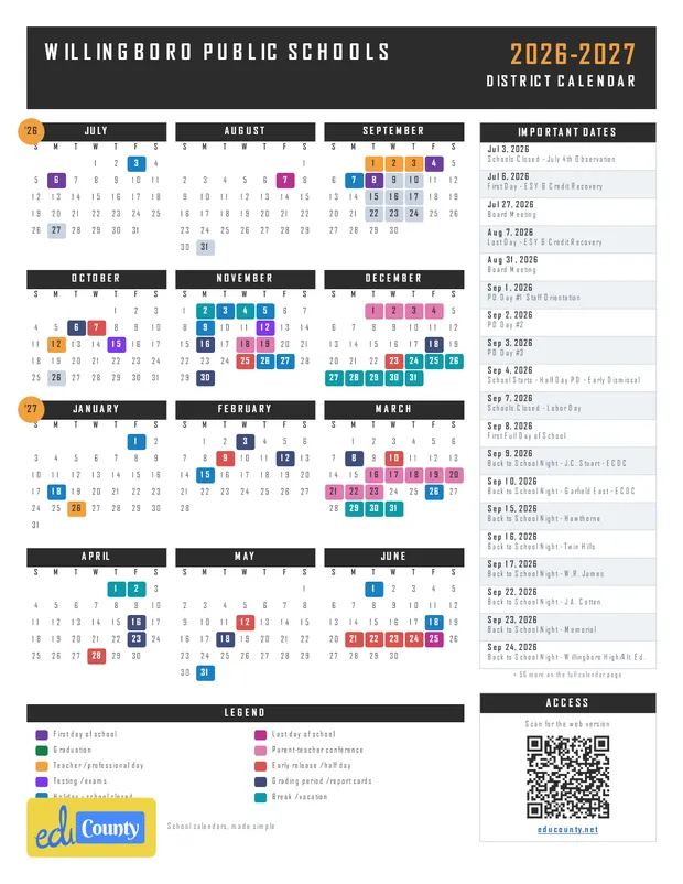 Willingboro Public Schools printable 2026-27 calendar