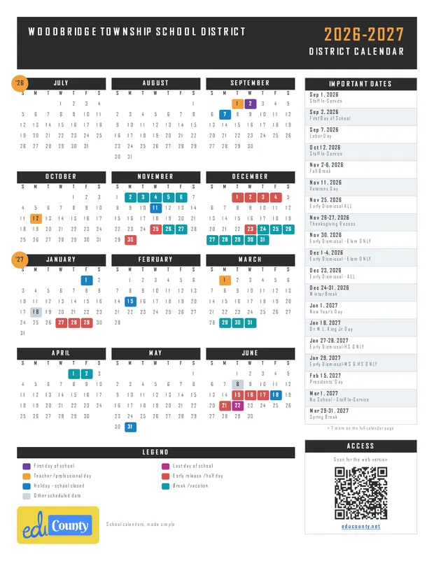 WOODBRIDGE TOWNSHIP SCHOOL DISTRICT printable 2026-27 calendar