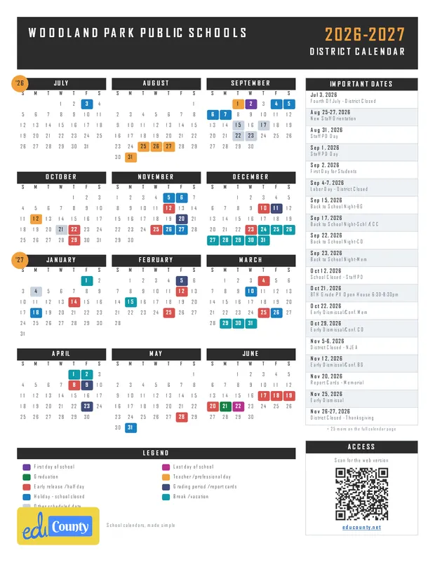 Woodland Park Public Schools printable 2026-27 calendar