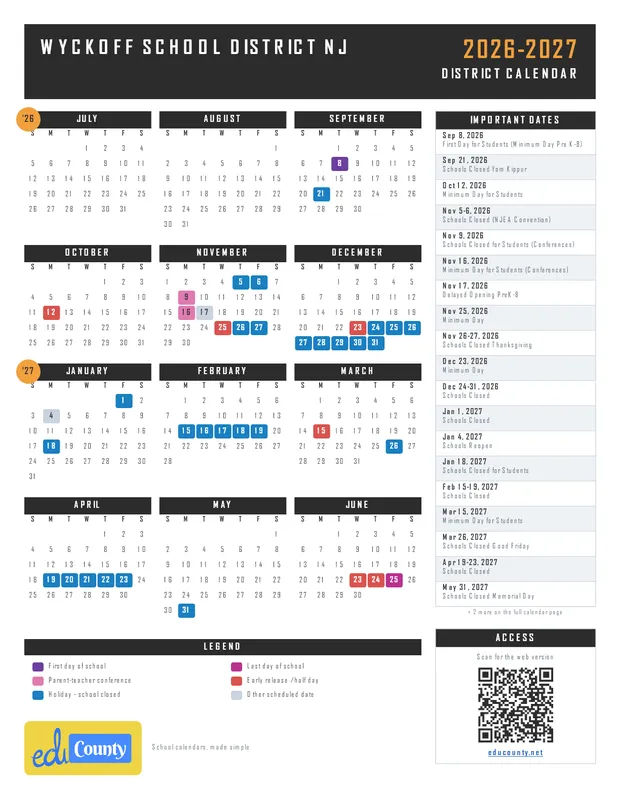 WYCKOFF SCHOOL DISTRICT printable 2026-27 calendar