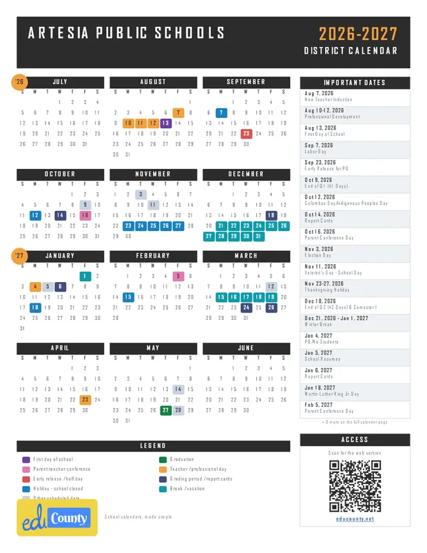 Artesia Public Schools printable 2026-27 calendar