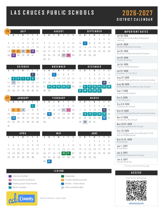 Las Cruces Public Schools LCPS printable 2026-27 calendar