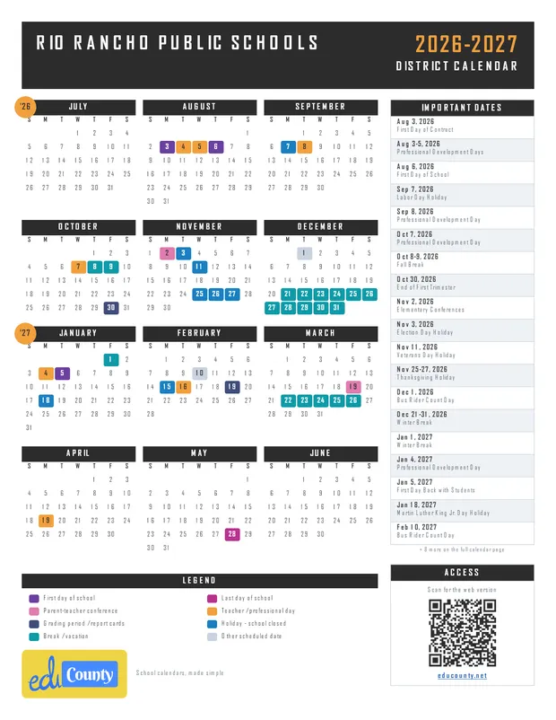 Rio Rancho Public Schools RRPS printable 2026-27 calendar