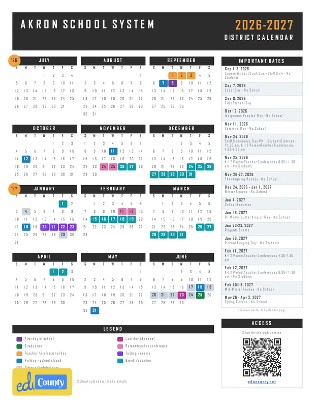 Akron School System printable 2026-27 calendar