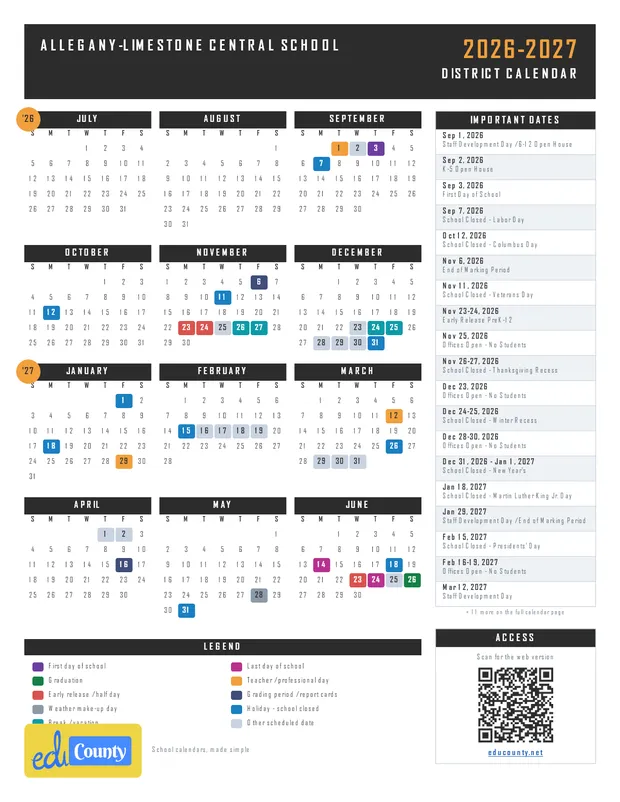 Allegany-Limestone Central School printable 2026-27 calendar