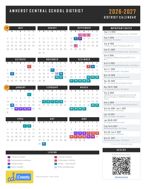 AMHERST CENTRAL SCHOOL DISTRICT printable 2026-27 calendar